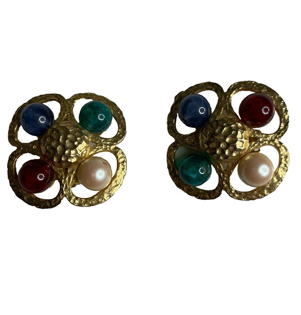 Vintage Signed Craft Gem-Craft Mogul Acrylic Gem Gold Tone Clip On Earrings